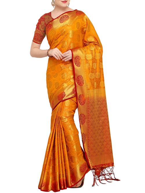 golden paisley zari kanjivaram saree with blouse - 15415215 - Very Small Image - 1