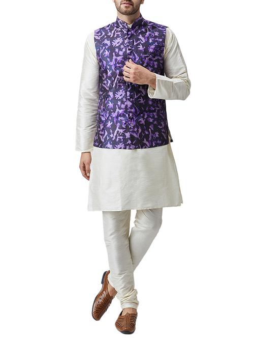 off white silk blend kurta pyjama set with nehru jacket - 15415959 - Very Small Image - 1