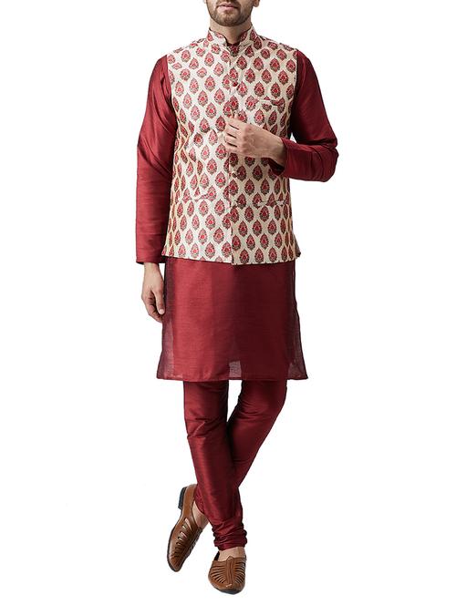 red silk blend kurta pyjama set with nerhu jacket - 15415961 - Very Small Image - 1