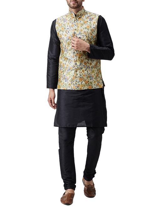 black silk blend kurta pyjama set with nehru jacket - 15415965 - Very Small Image - 1