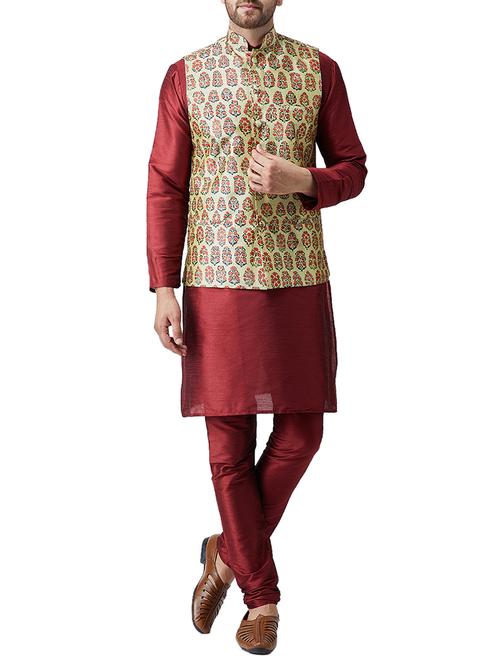 red silk blend kurta pyjama set with nerhu jacket - 15415971 - Very Small Image - 1