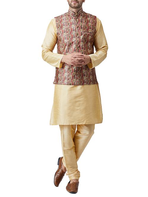 gold silk blend kurta pyjama set with nehru jacket - 15415973 - Very Small Image - 1