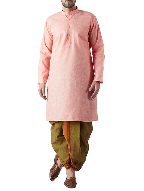 orange and juniper green cotton dhoti kurta ethnic wear set - 15416015 - Very Small Image - 1