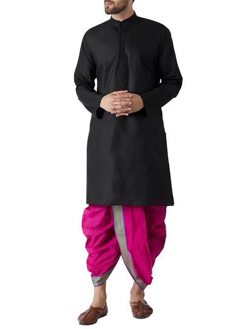 black and pink cotton dhoti kurta set - 15416021 - Very Small Image - 1