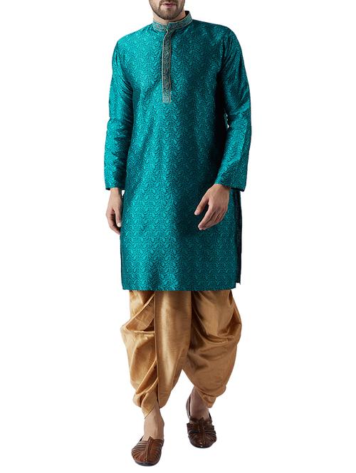 teal green and gold silk blend dhoti kurta set - 15416031 - Very Small Image - 1