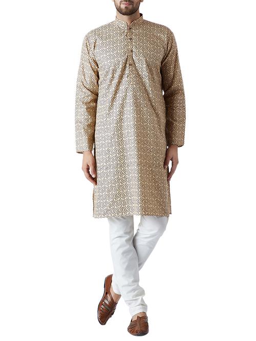 light brown and white cotton kurta pyjama set - 15416058 - Very Small Image - 1