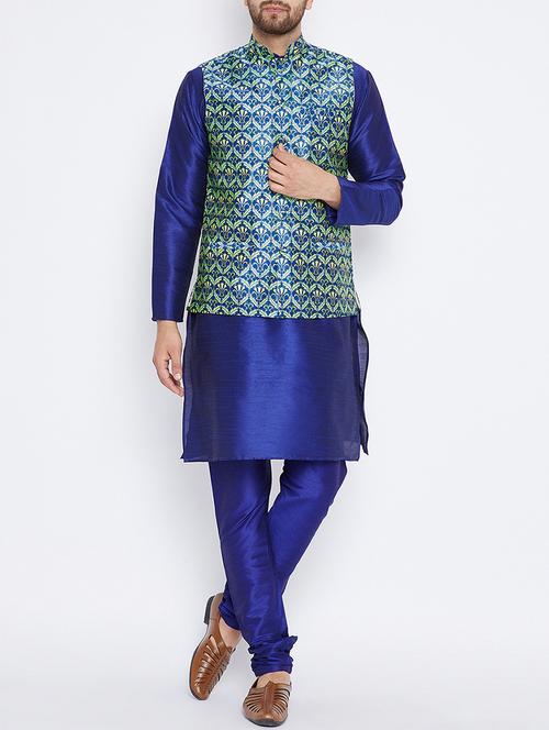 blue silk blend kurta pyjama set with nehru jacket - 15416075 - Very Small Image - 1