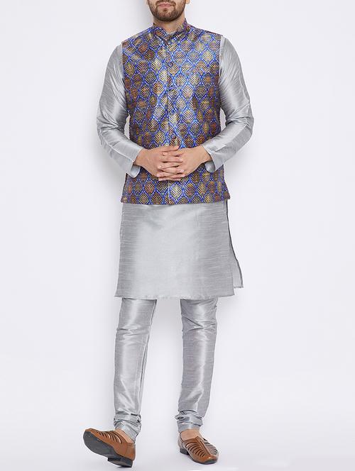 blue and grey silk blend kurta pyjama set with nehru jacket - 15416077 - Very Small Image - 1