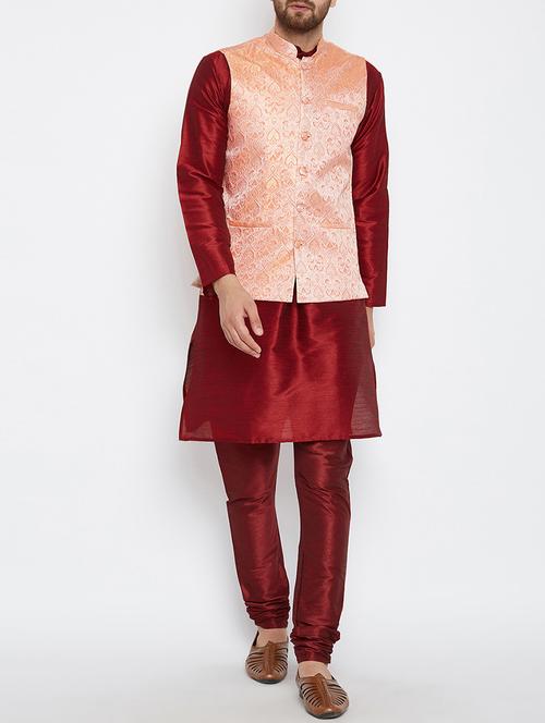 red and peach silk blend kurta pyjama set - 15416078 - Very Small Image - 1