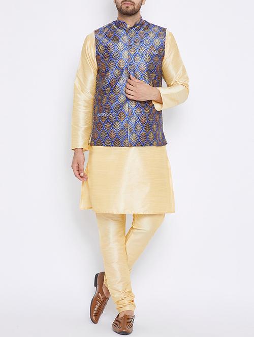 beige and blue silk blend kurta pyjama set - 15416079 - Very Small Image - 1