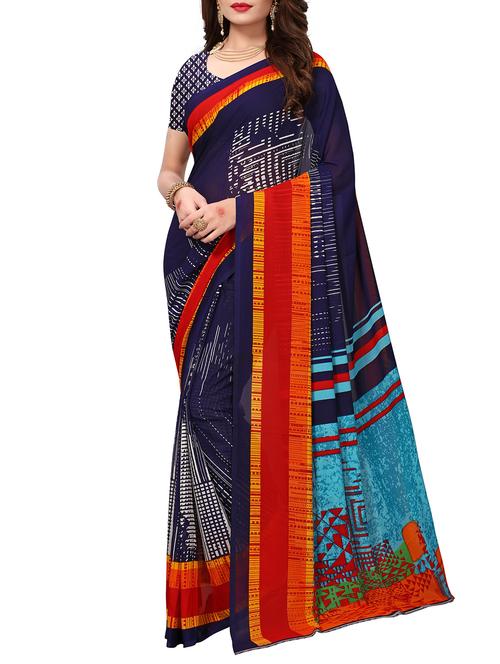 contrast bordered printed saree with blouse - 15426686 - Very Small Image - 1
