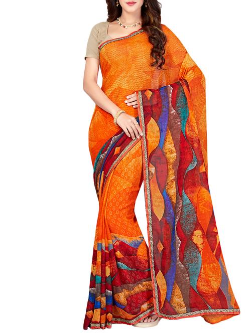 contrast bordered printed saree with blouse - 15427128 - Very Small Image - 1