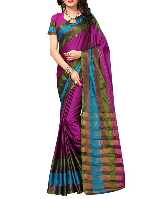 contrast striped zari border saree with blouse - 15427385 - Very Small Image - 1