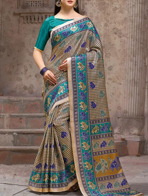 conversational printed beige saree with blouse - 15427398 - Very Small Image - 1