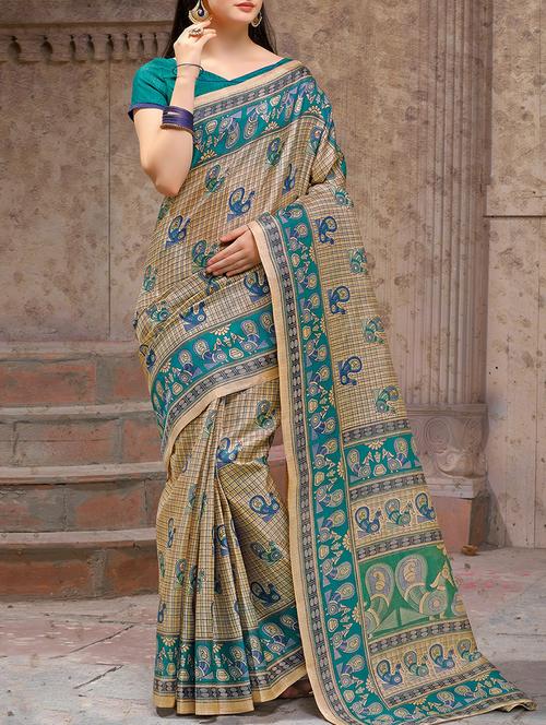 conversational printed beige saree with blouse - 15427410 - Very Small Image - 1