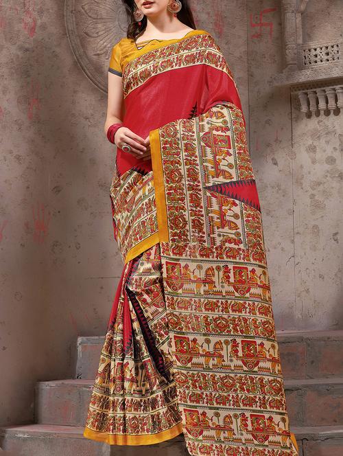 madhubani printed red saree with blouse - 15427414 - Very Small Image - 1