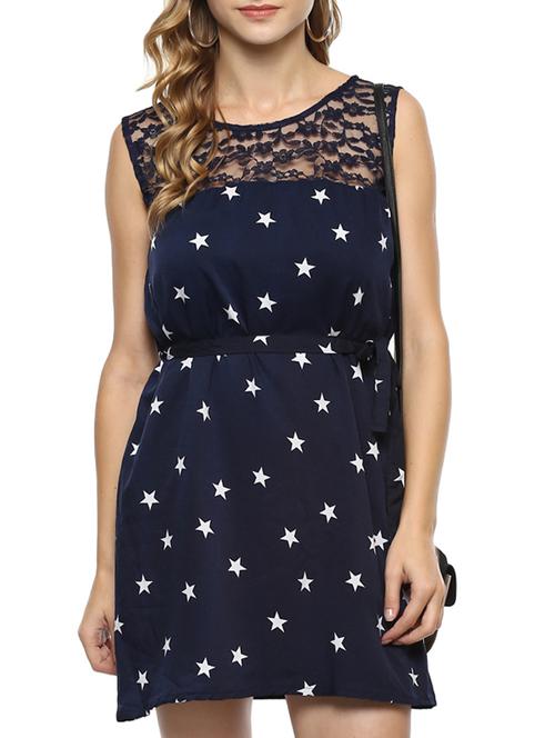 printed lace yoke belted dress - 15427887 - Very Small Image - 1