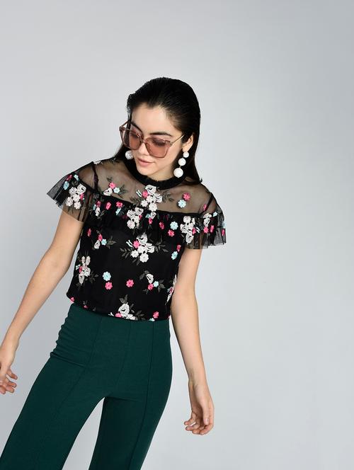 ruffle detail floral mesh crop top - 15428268 - Very Small Image - 1