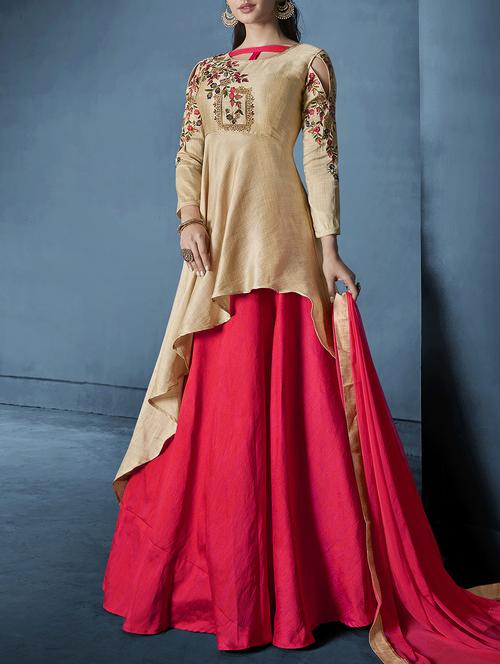embroidered semi-stitched high-low suit - 15428526 - Very Small Image - 1