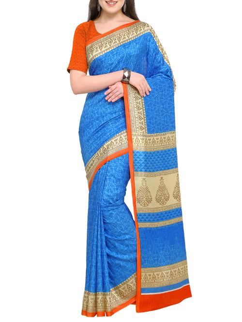 crepe blue printed saree with blouse - 15431062 - Very Small Image - 1
