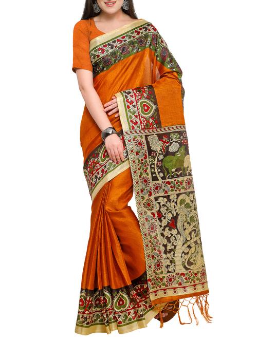 kalamkari printed border saree with tassels with blouse - 15431071 - Very Small Image - 1