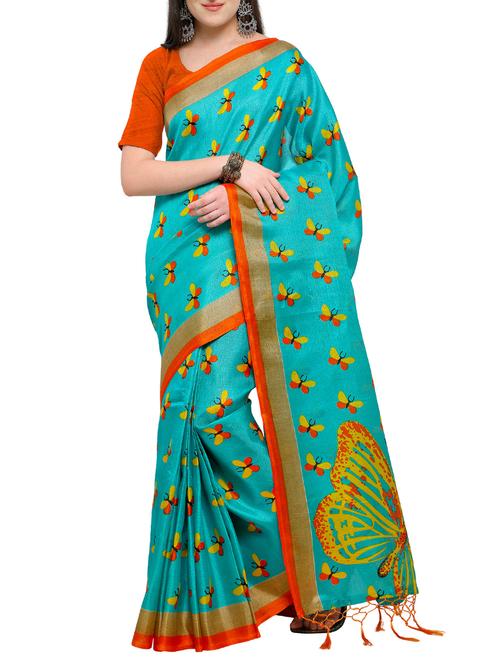 conversational turquoise printed saree with tassels with blouse - 15431077 - Very Small Image - 1