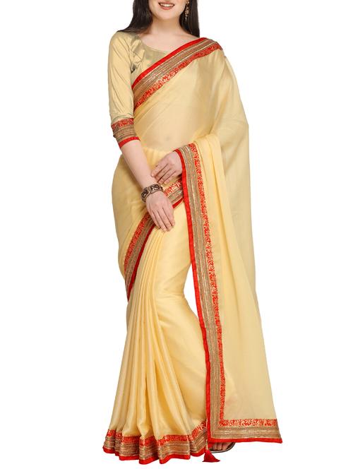 lace border beige saree with tassels with blouse - 15431102 - Very Small Image - 1