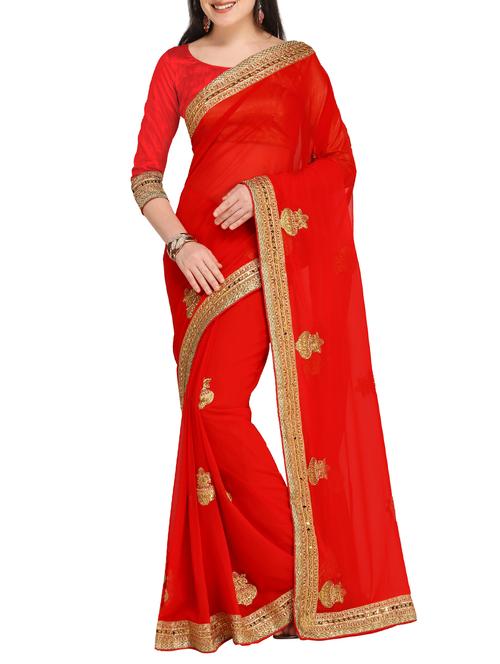 thread embroidered red saree with blouse - 15431113 - Very Small Image - 1