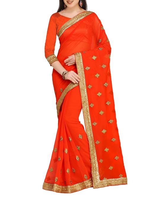 thread embroidered orange saree with blouse - 15431117 - Very Small Image - 1
