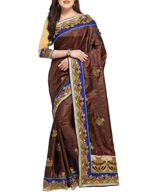embroidered brown silk saree with blouse - 15431124 - Very Small Image - 1