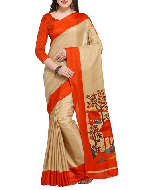 contrast border printed pallu saree with blouse - 15431127 - Very Small Image - 1