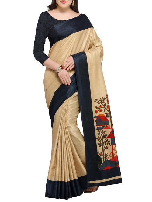 contrast border printed pallu saree with blouse - 15431130 - Very Small Image - 1