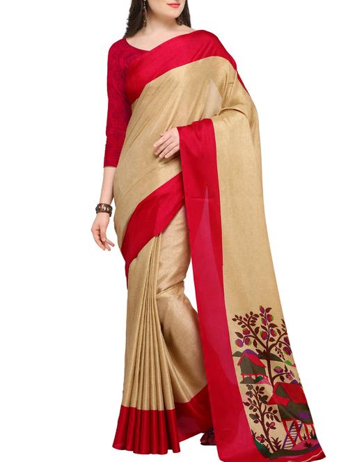 contrast border printed pallu saree with blouse - 15431131 - Very Small Image - 1