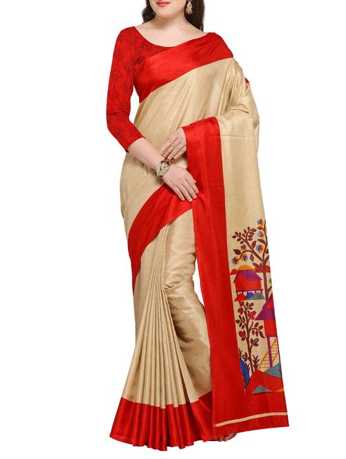 contrast border printed pallu saree with blouse - 15431132 - Very Small Image - 1