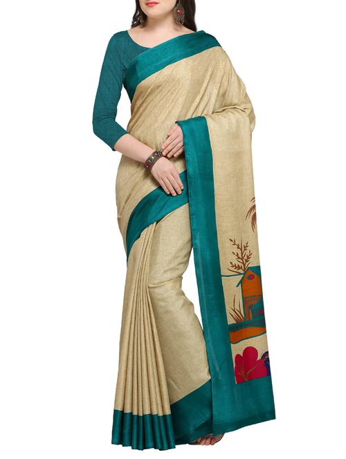 contrast border printed pallu saree with blouse - 15431133 - Very Small Image - 1