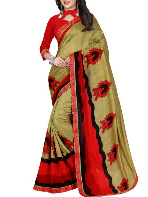 placement printed contrast border saree with blouse - 15432415 - Very Small Image - 1
