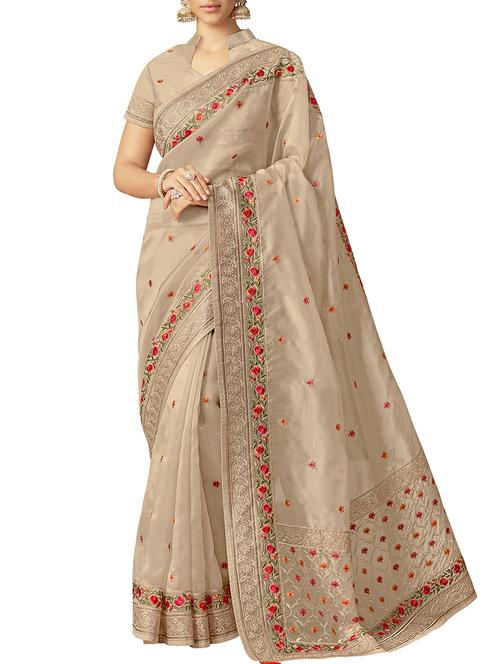 thread embroidered floral tissue saree with blouse - 15438361 - Very Small Image - 1