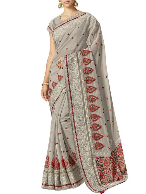thread embroidered grey tissue saree with blouse - 15438363 - Very Small Image - 1