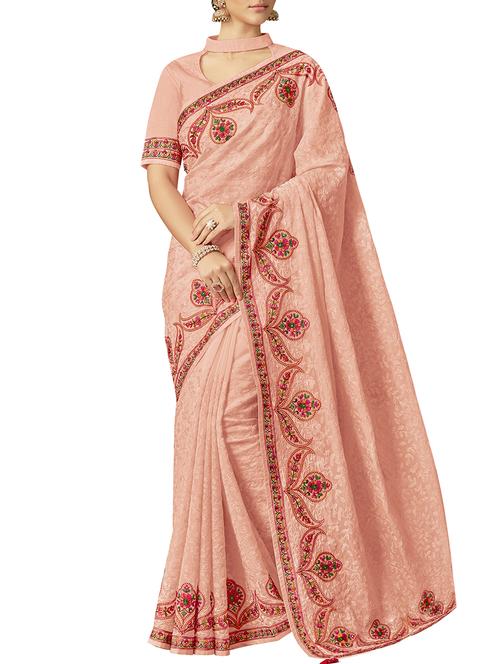 thread embroidered peach tissue saree with blouse - 15438364 - Very Small Image - 1