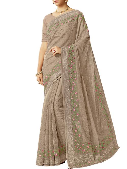 thread embroidered floral tissue saree with blouse - 15438450 - Very Small Image - 1