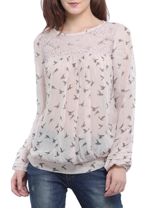 lace yoke blouson printed top - 15438741 - Very Small Image - 1