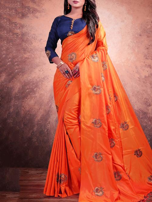 conversational orange embroidered saree with tassels with blouse - 15438800 - Very Small Image - 1