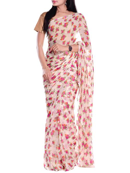 floral printed chiffon saree with blouse - 15439103 - Very Small Image - 1