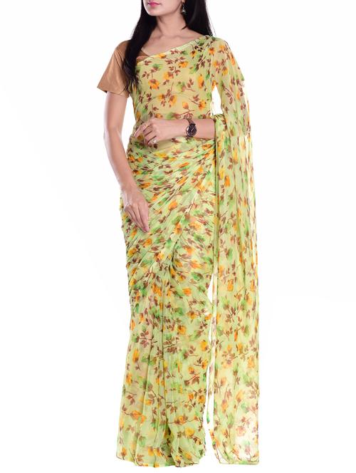 floral printed chiffon saree with blouse - 15439104 - Very Small Image - 1