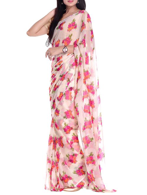 floral printed chiffon saree with blouse - 15439109 - Very Small Image - 1