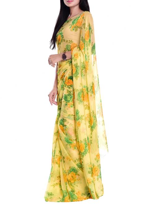 floral printed chiffon saree with blouse - 15439110 - Very Small Image - 1