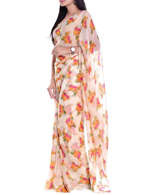 floral printed chiffon saree with blouse - 15439113 - Very Small Image - 1