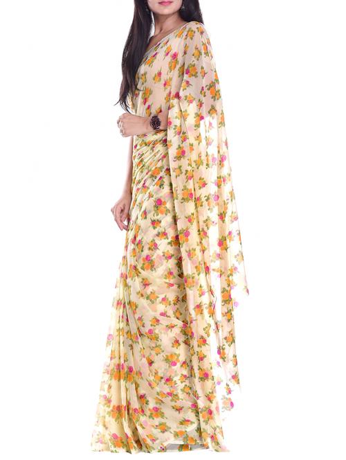 floral printed chiffon saree with blouse - 15439114 - Very Small Image - 1