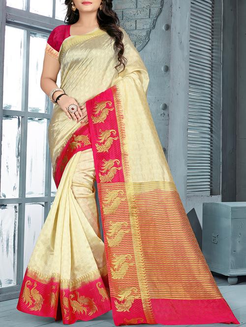 cream silk bordered saree with blouse - 15439378 - Very Small Image - 1
