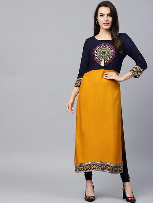 embroidered color block kurta - 15440531 - Very Small Image - 1